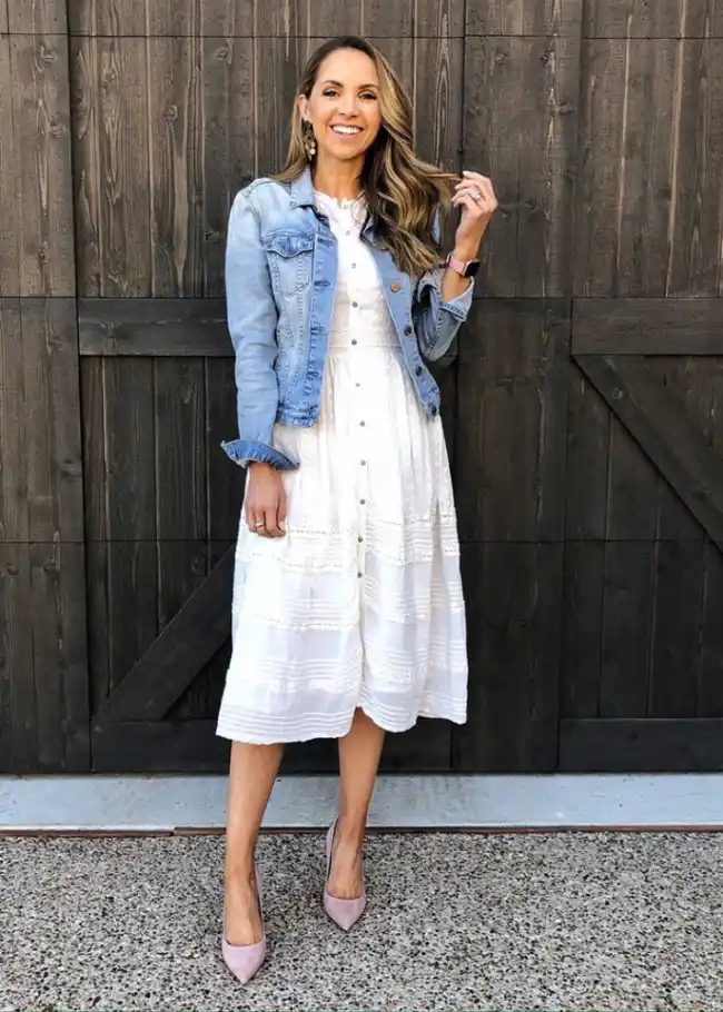 denim jacket with a white dress