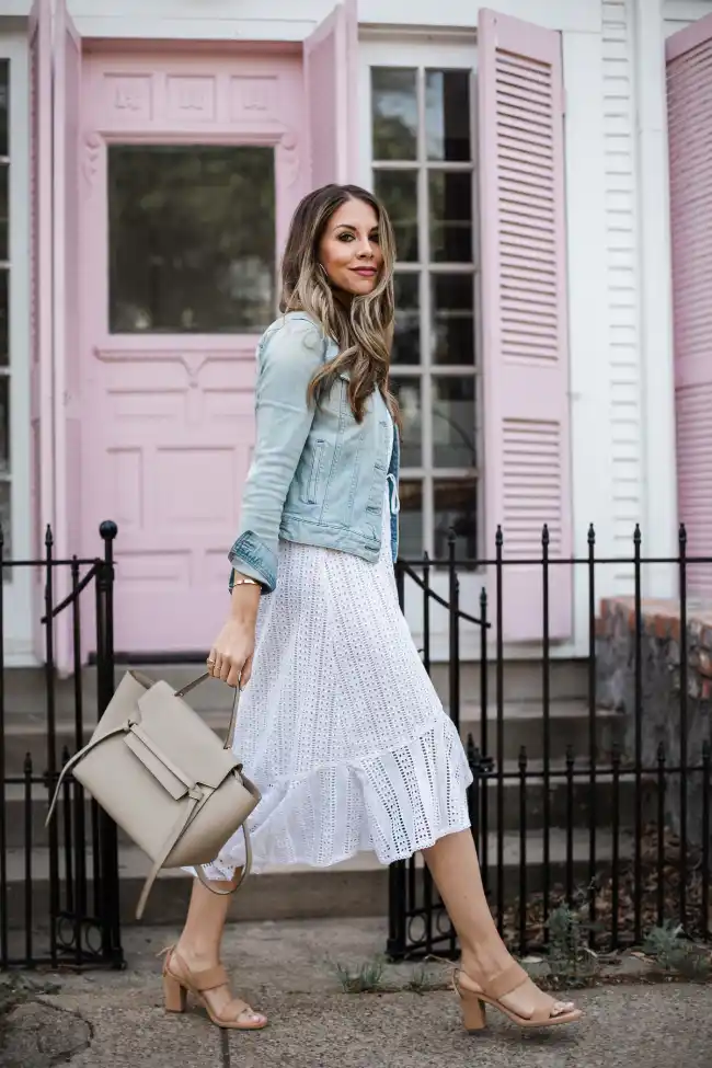 denim jacket with a white dress