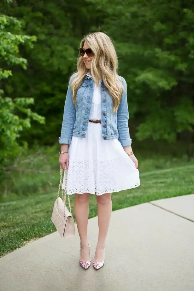 denim jacket with a white dress