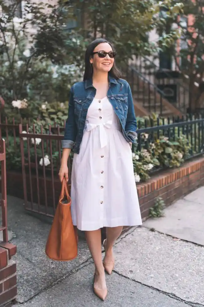 denim jacket with a white dress