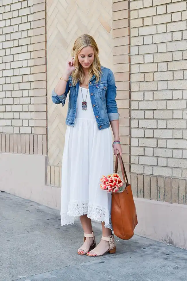 denim jacket with a white dress