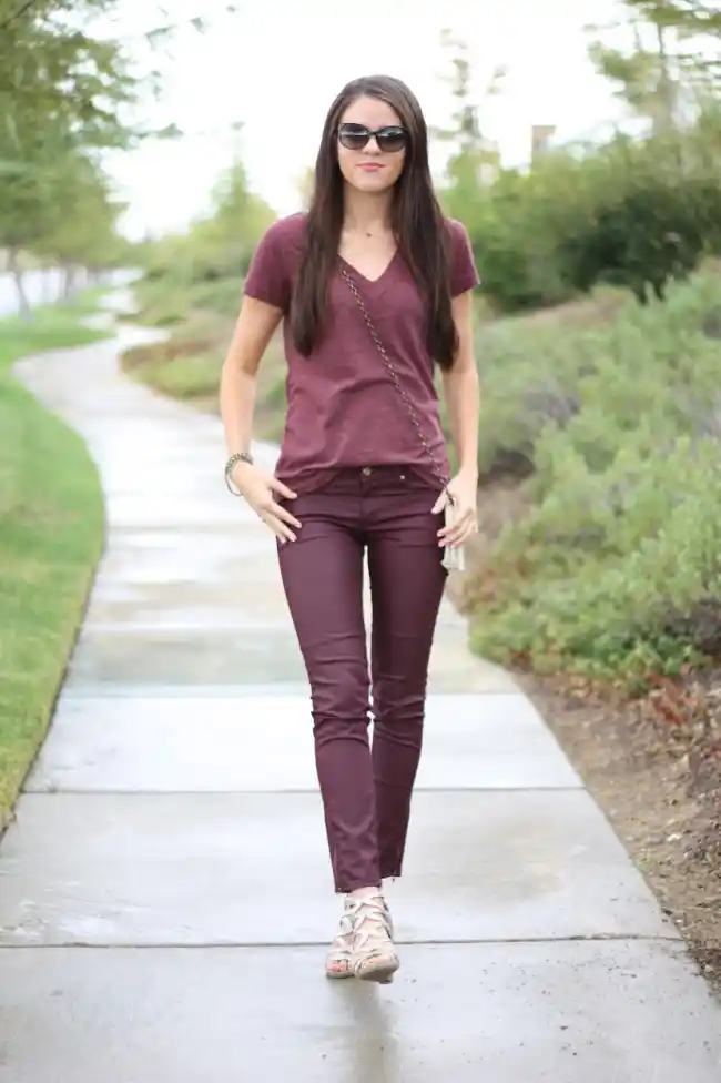 maroon pants for a casual look